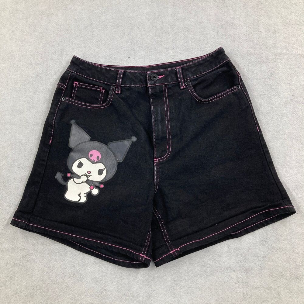 Kuromi Sanrio Women's Black Denim Shorts Pink Stitching Character Patch Size 9